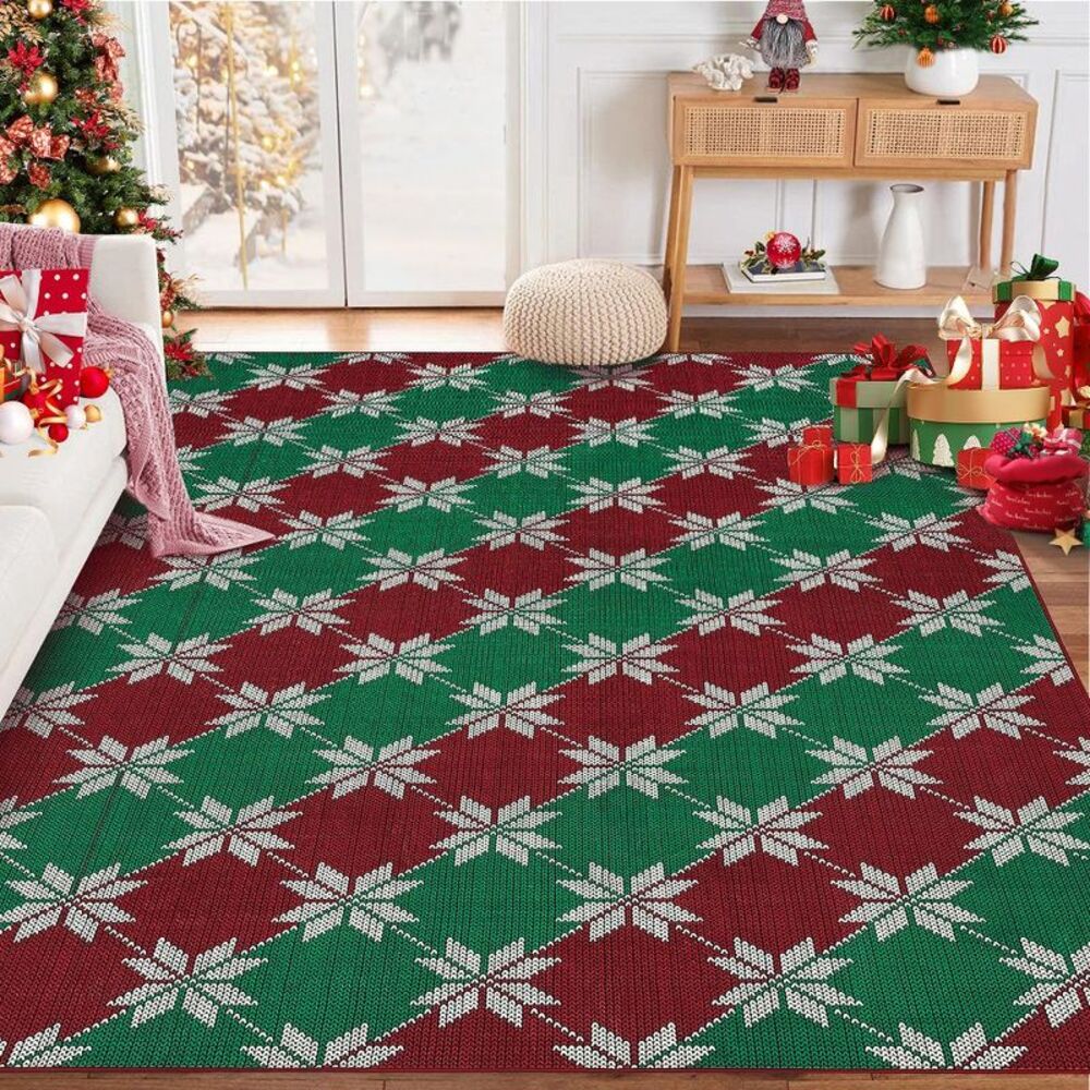Garvee 3' x 5' Christmas Area Rug Red & Green w/ Snowflakes - Washable Low Pile